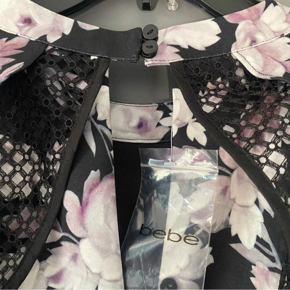 Lace Cold Shoulder Bebe Floral Mini Dress NWT Bodycon Sz 10 Black White Pink - Picture 6 of 16